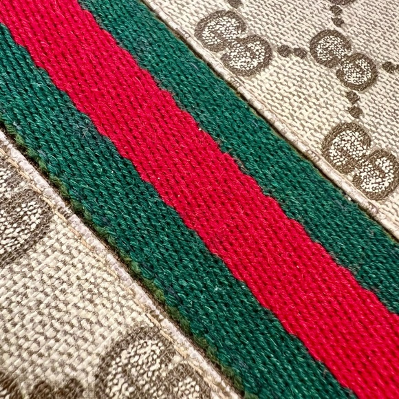 Gucci Handbags - 70’s Gucci Red & Green Stripe on Beige Gucci Logo Coated Canvas & Brown Leather